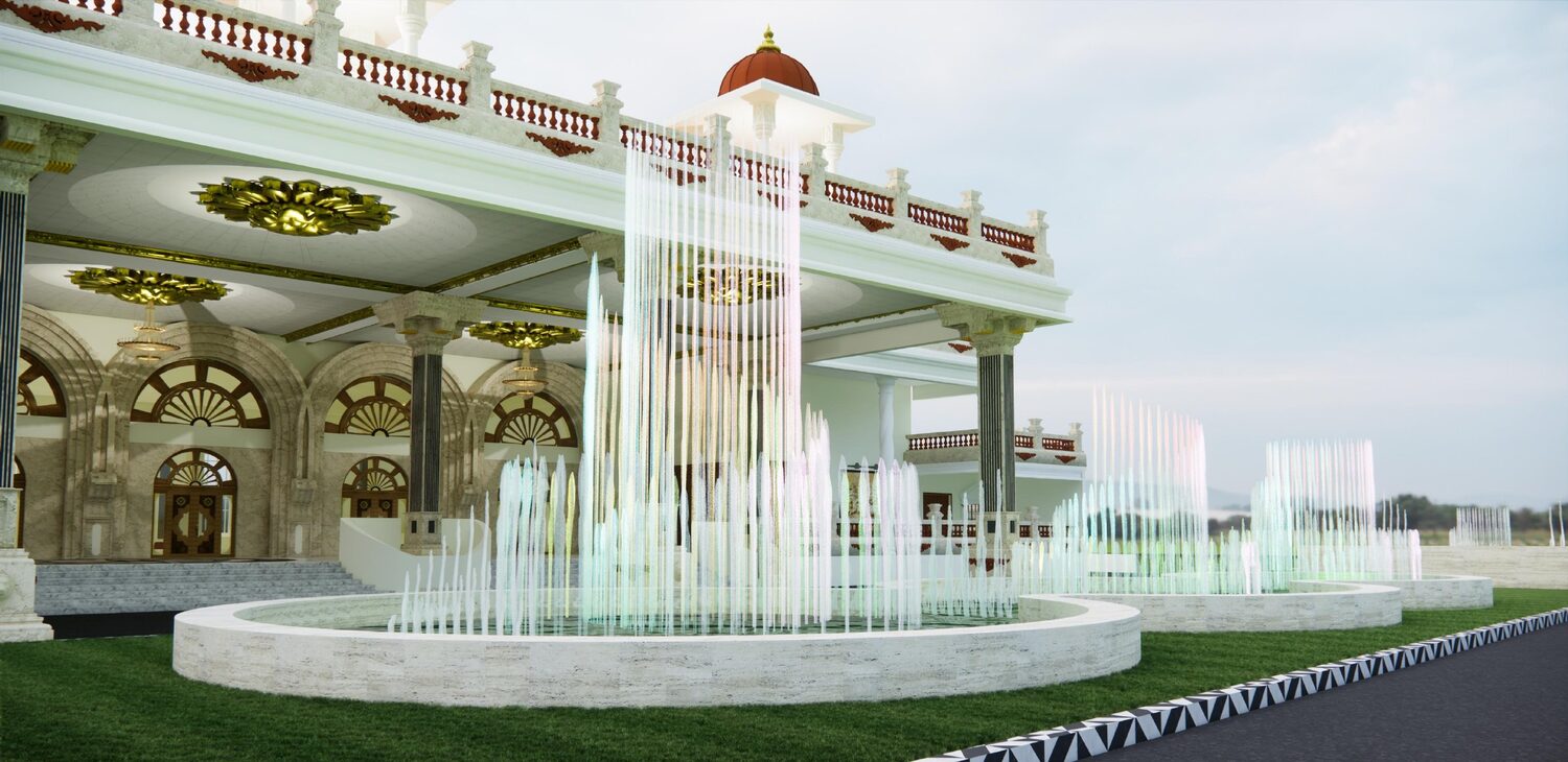 JS Mahal entrance with musical fountain design