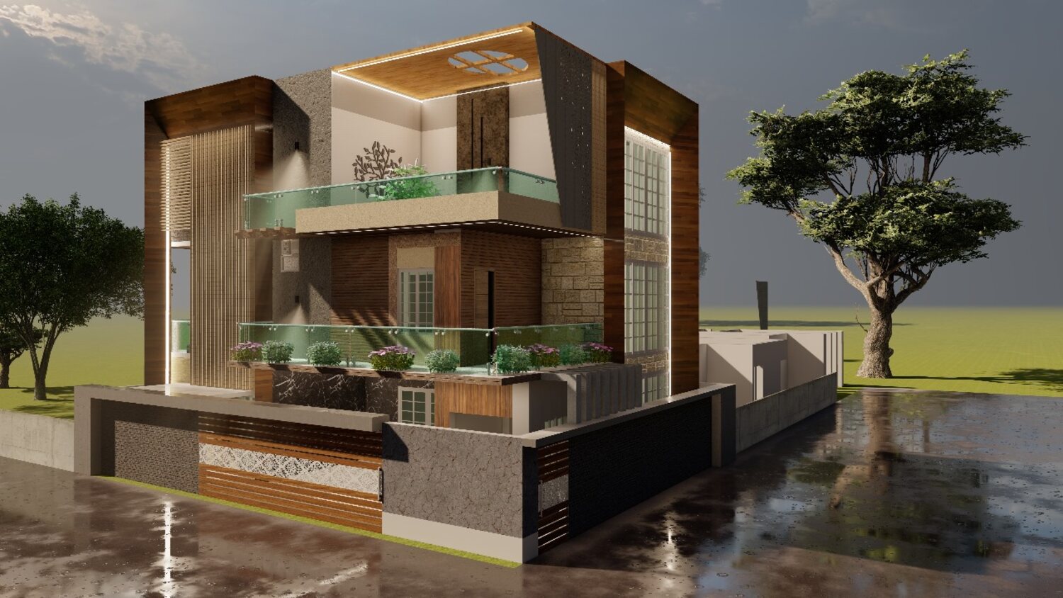 Modern luxury villa elevation built by Kavin Builders, Madurai
