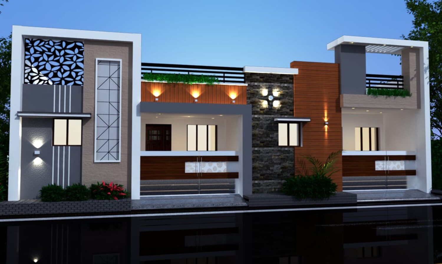 Twin single-storey residences with jaali screen and warm façade lighting