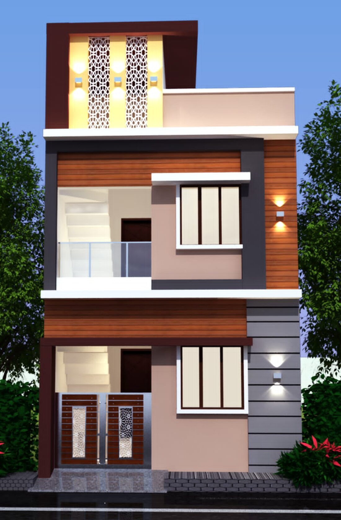 Narrow-plot G+2 residence elevation